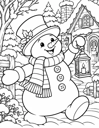 Snowman with a Lantern: easy coloring page