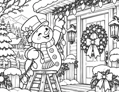Snowman Hanging the Lights: detailed coloring page