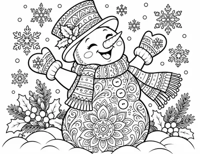 Mandala Snowman: detailed coloring page
