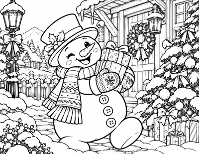 Snowman with Presents: detailed coloring page