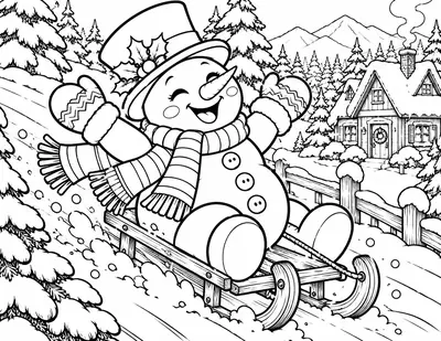Sledding Snowman: detailed coloring page