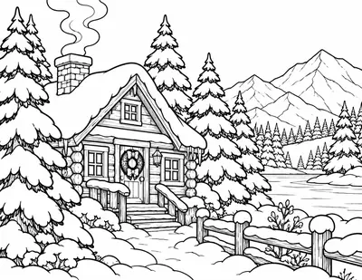 Cabin in the Snow, winter: easy coloring page