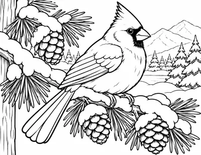 Cardinal on a Pine Branch, winter: easy coloring page