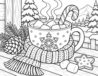 Hot Cocoa and a Scarf, winter: easy coloring page