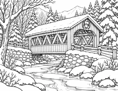 Covered Bridge, winter: detailed coloring page