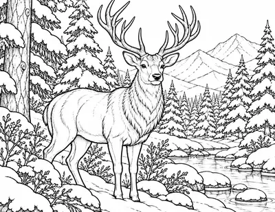 Deer by the River, winter: detailed coloring page