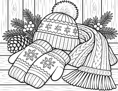 Hat, Mittens and Scarf, winter: easy coloring page