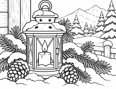 Lantern in the Snow, winter: easy coloring page
