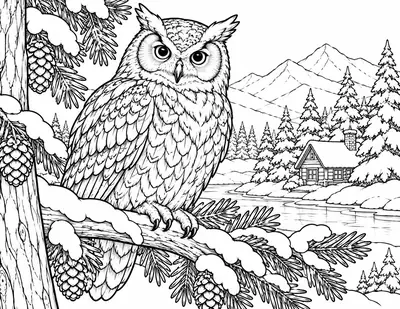 Owl in the Snow, winter: detailed coloring page