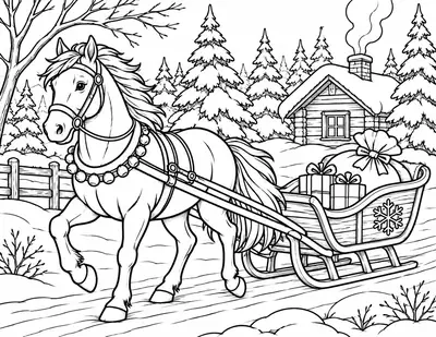 Horse and Sleigh, winter: detailed coloring page