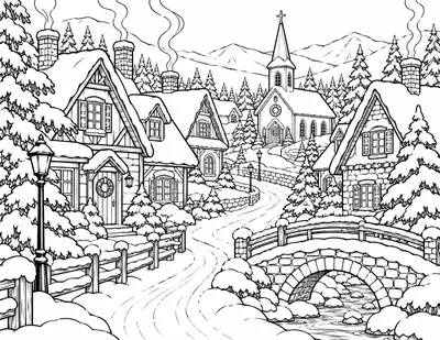 Winter Village: detailed coloring page