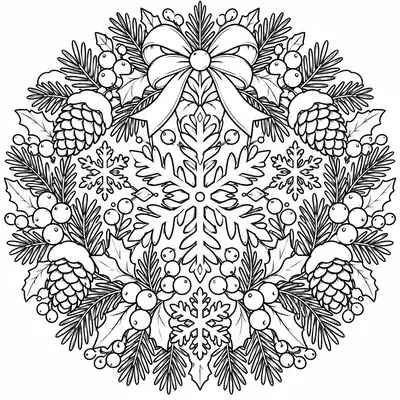 Winter Wreath Mandala: detailed coloring page