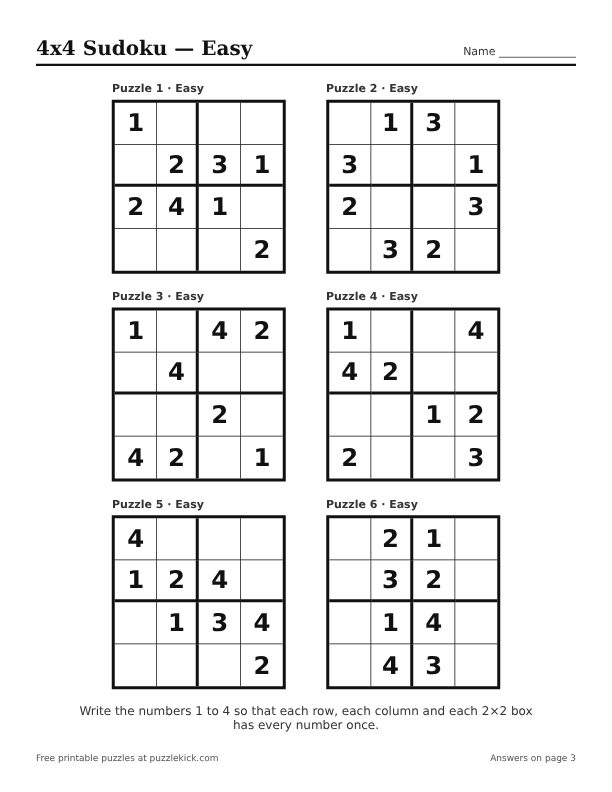 Preview of the 4x4 sudoku easy PDF