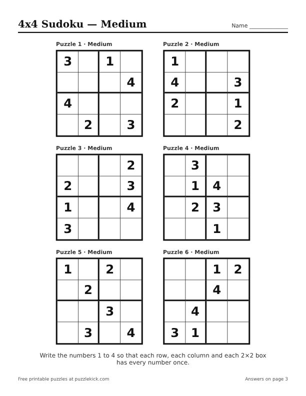 Preview of the 4x4 sudoku medium PDF