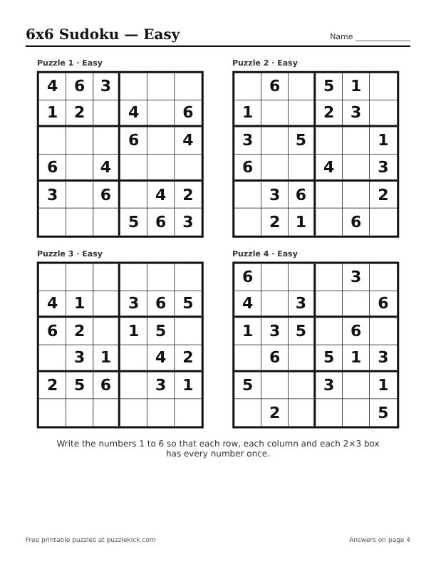Preview of the 6x6 sudoku easy PDF