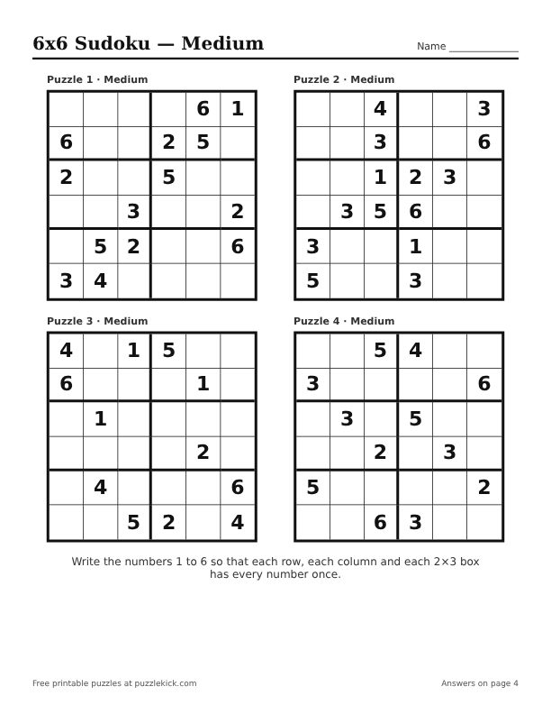 Preview of the 6x6 sudoku medium PDF