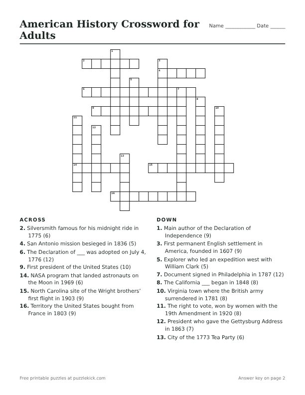 Preview of the American history crossword for adults