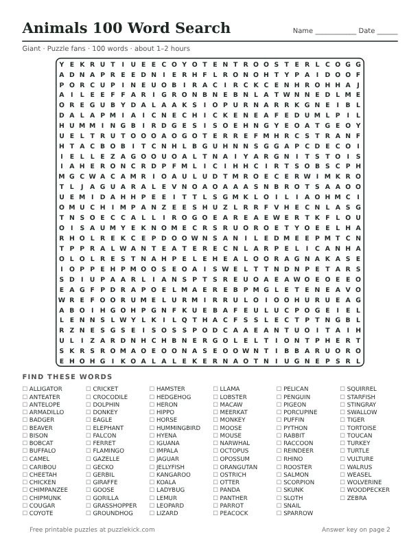 Printable Animals 100 Word Search PDF preview: puzzle page with word list