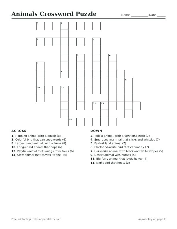 Printable Animals Crossword Puzzle PDF preview with grid and clues