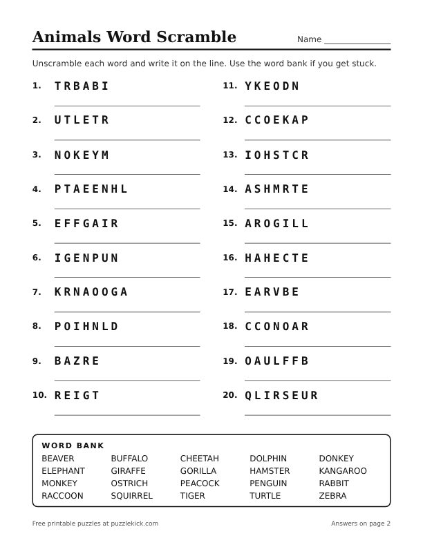 Preview of the animals word scramble