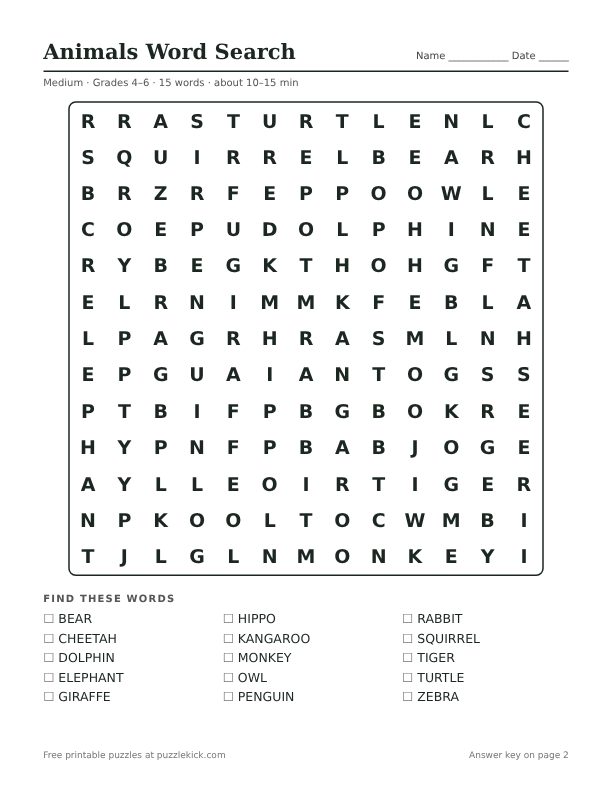 Printable Animals Word Search PDF preview: puzzle page with word list