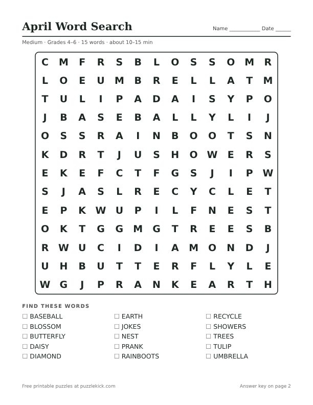 Printable April Word Search PDF preview: puzzle page with word list