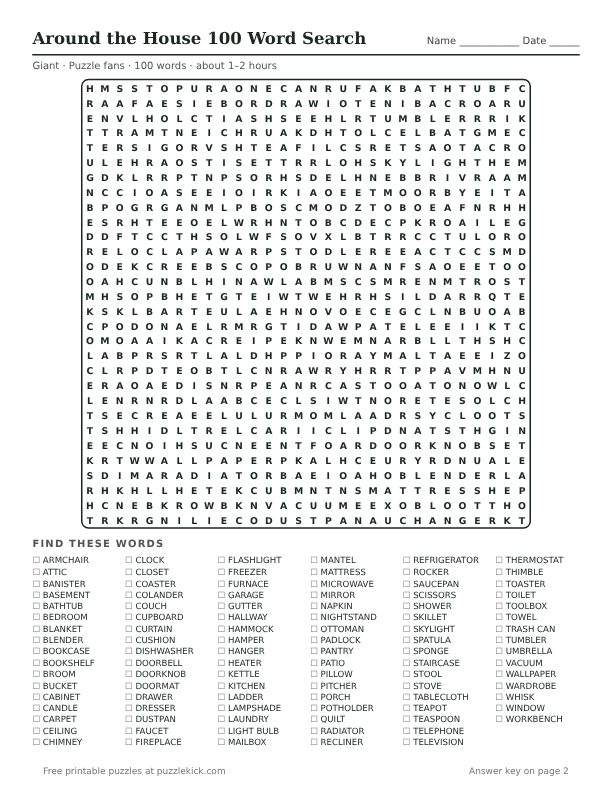 Preview of the around the house 100 word word search PDF