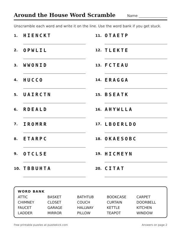 Preview of the around the house word scramble