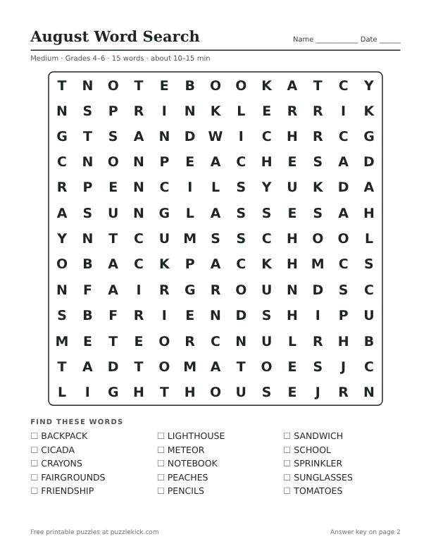 Printable August Word Search PDF preview: puzzle page with word list
