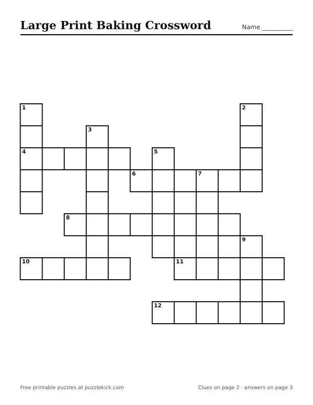 Printable Large Print Baking Crossword PDF preview with big squares and large clues