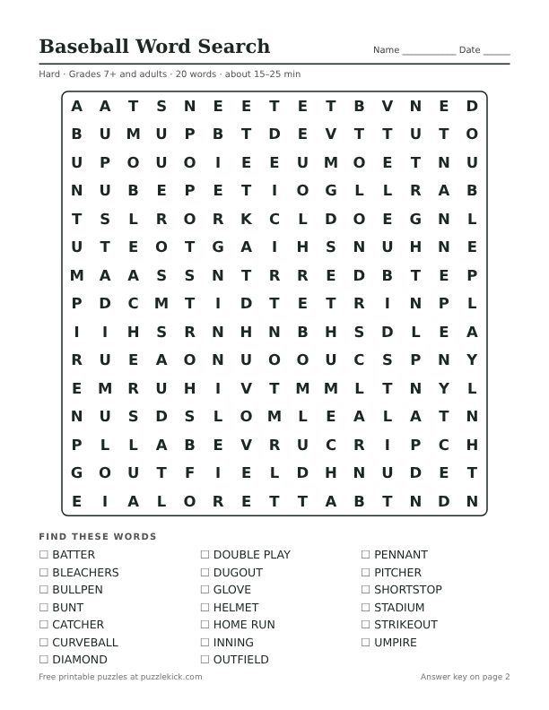 Preview of the baseball hard word search