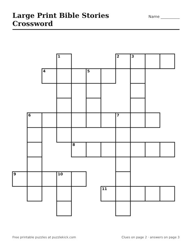 Printable Large Print Bible Stories Crossword PDF preview with big squares and large clues