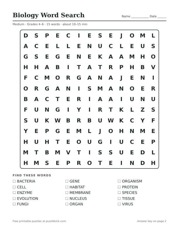 Printable Biology Word Search PDF preview: puzzle page with word list