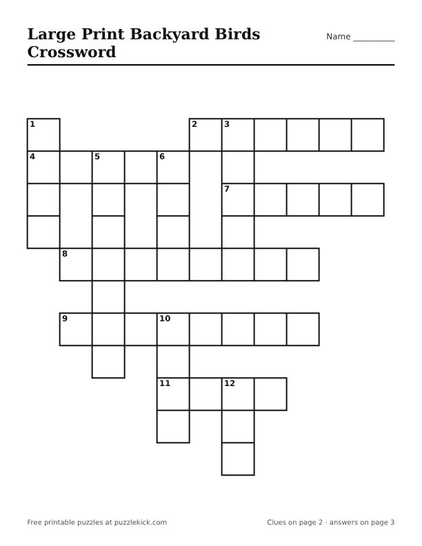 Printable Large Print Backyard Birds Crossword PDF preview with big squares and large clues