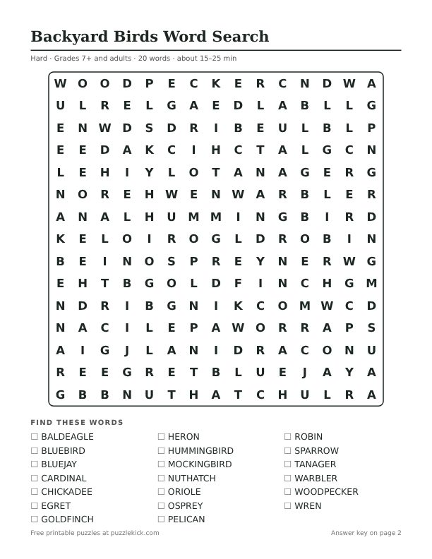 Printable Backyard Birds Word Search PDF preview: puzzle page with word list