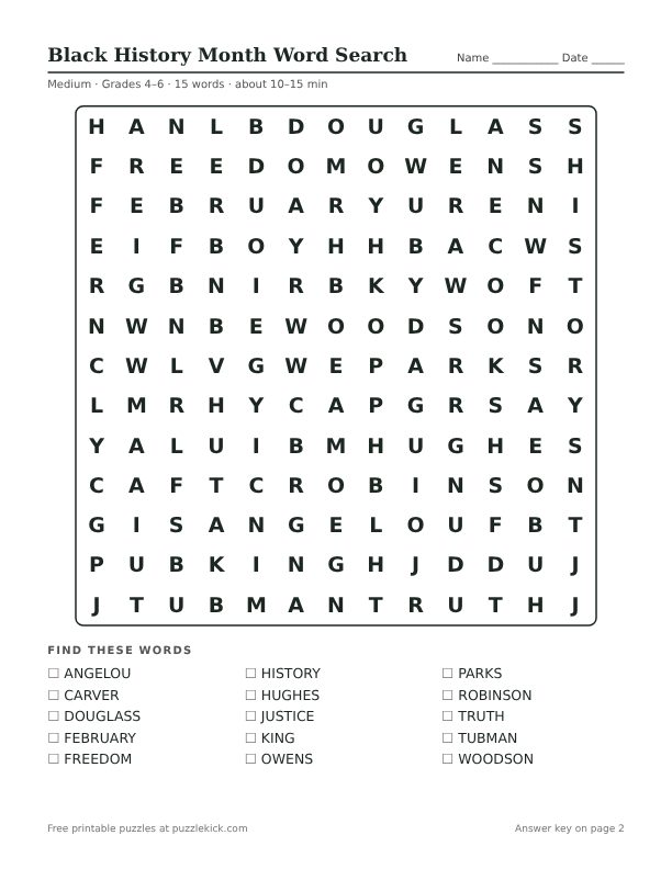 Printable Black History Month Word Search PDF preview: puzzle page with word list