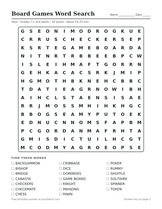 Preview of the board games hard word search
