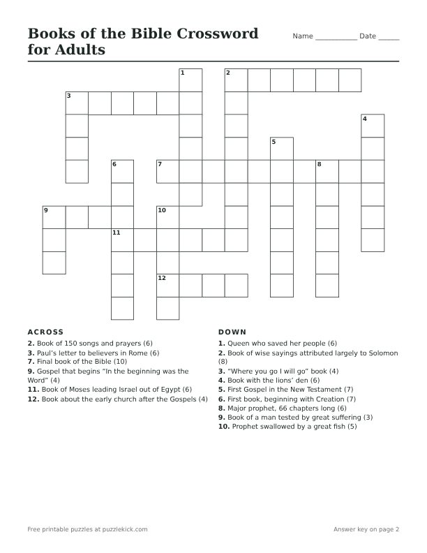 Printable Books of the Bible Crossword for Adults PDF preview with grid and clues