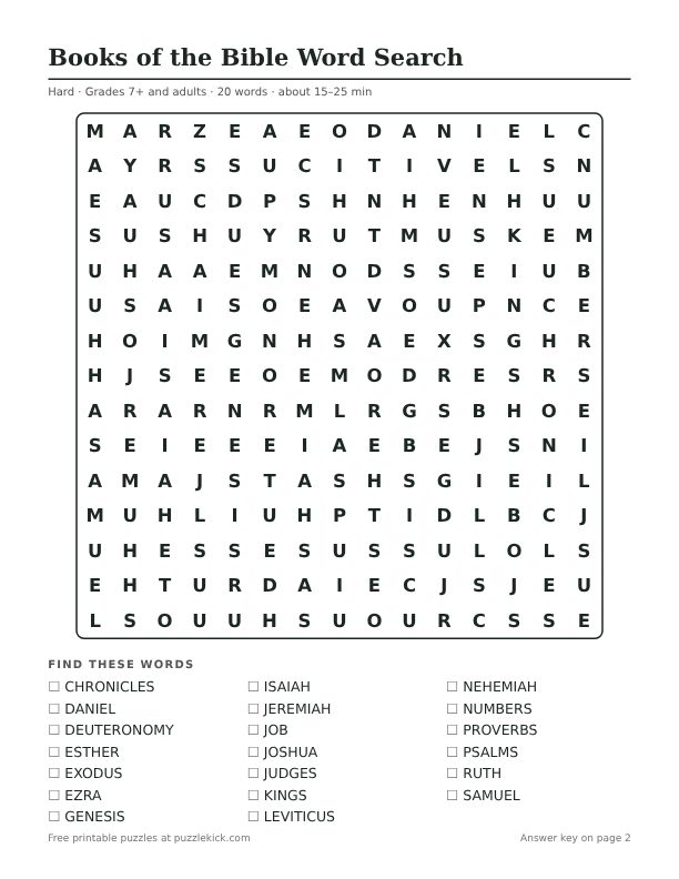 Printable Books of the Bible Word Search PDF preview: puzzle page with word list