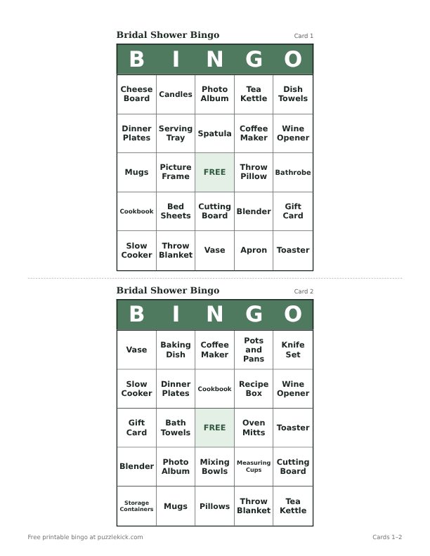Bridal Shower Bingo printable PDF preview with two cards