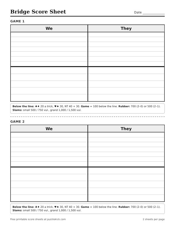 Sample bridge score sheet
