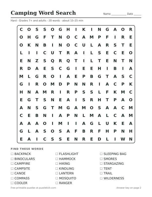 Preview of the camping hard word search