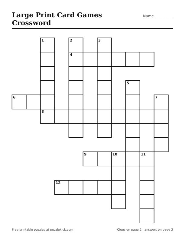 Printable Large Print Card Games Crossword PDF preview with big squares and large clues
