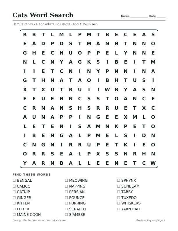 Preview of the cats hard word search