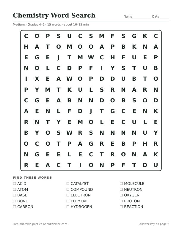 Printable Chemistry Word Search PDF preview: puzzle page with word list