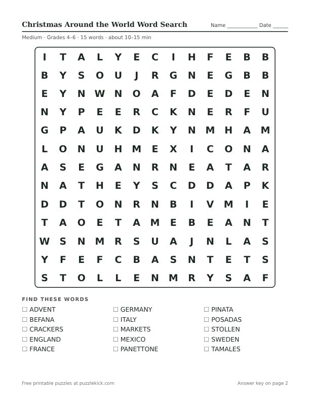 Printable Christmas Around the World Word Search PDF preview: puzzle page with word list