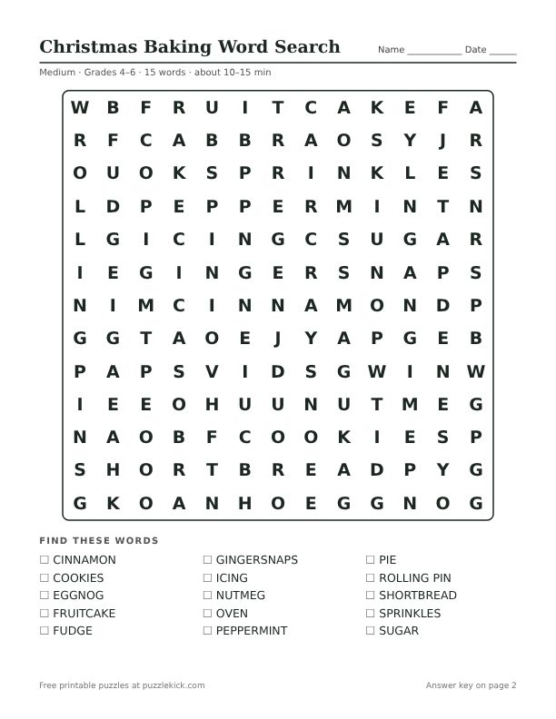 Printable Christmas Baking Word Search PDF preview: puzzle page with word list