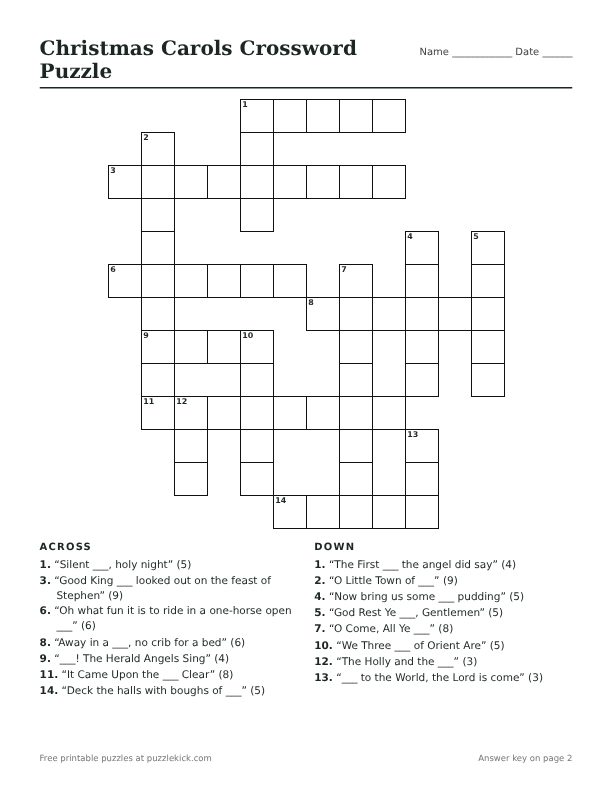 Printable Christmas Carols Crossword Puzzle PDF preview with grid and clues