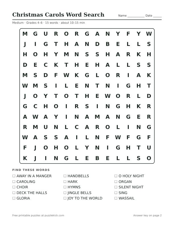 Printable Christmas Carols Word Search PDF preview: puzzle page with word list