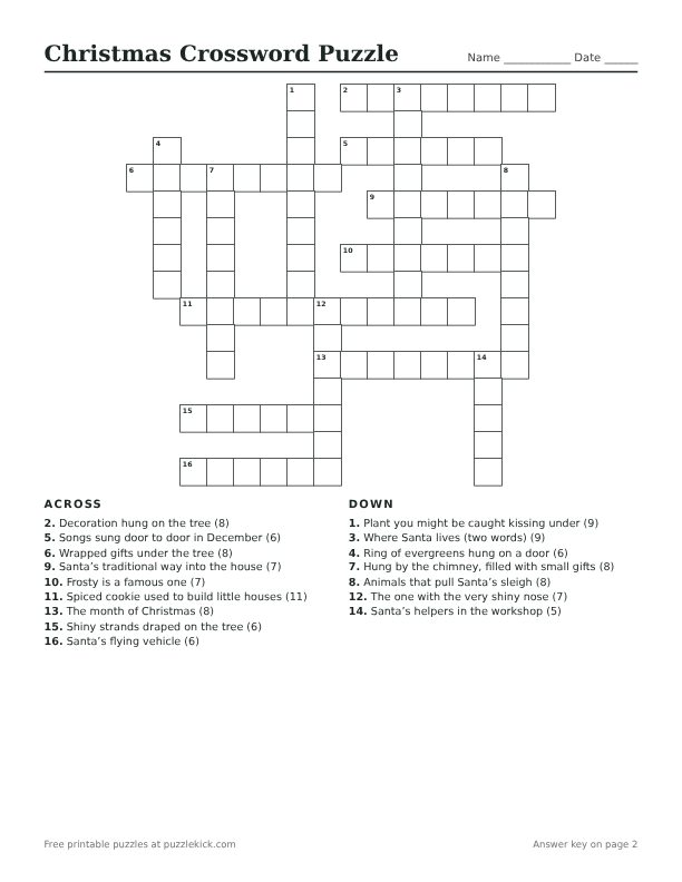 Printable Christmas Crossword Puzzle PDF preview with grid and clues